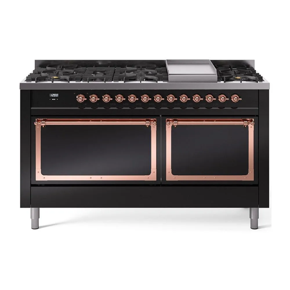 Ilve UN60FQNMPBKPLP Ilve Un60Fqnmpbkplp Nostalgie Ii Noblesse 60" Dual Fuel Range (9 Sealed Burners   Griddle, Liquid Propane, Solid Door, Glossy Black, Copper) Professional Ranges dual fuel professional range 36 inch