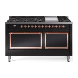 Ilve UN60FQNMPBKPLP Ilve Un60Fqnmpbkplp Nostalgie Ii Noblesse 60" Dual Fuel Range (9 Sealed Burners   Griddle, Liquid Propane, Solid Door, Glossy Black, Copper) Professional Ranges dual fuel professional range 36 inch