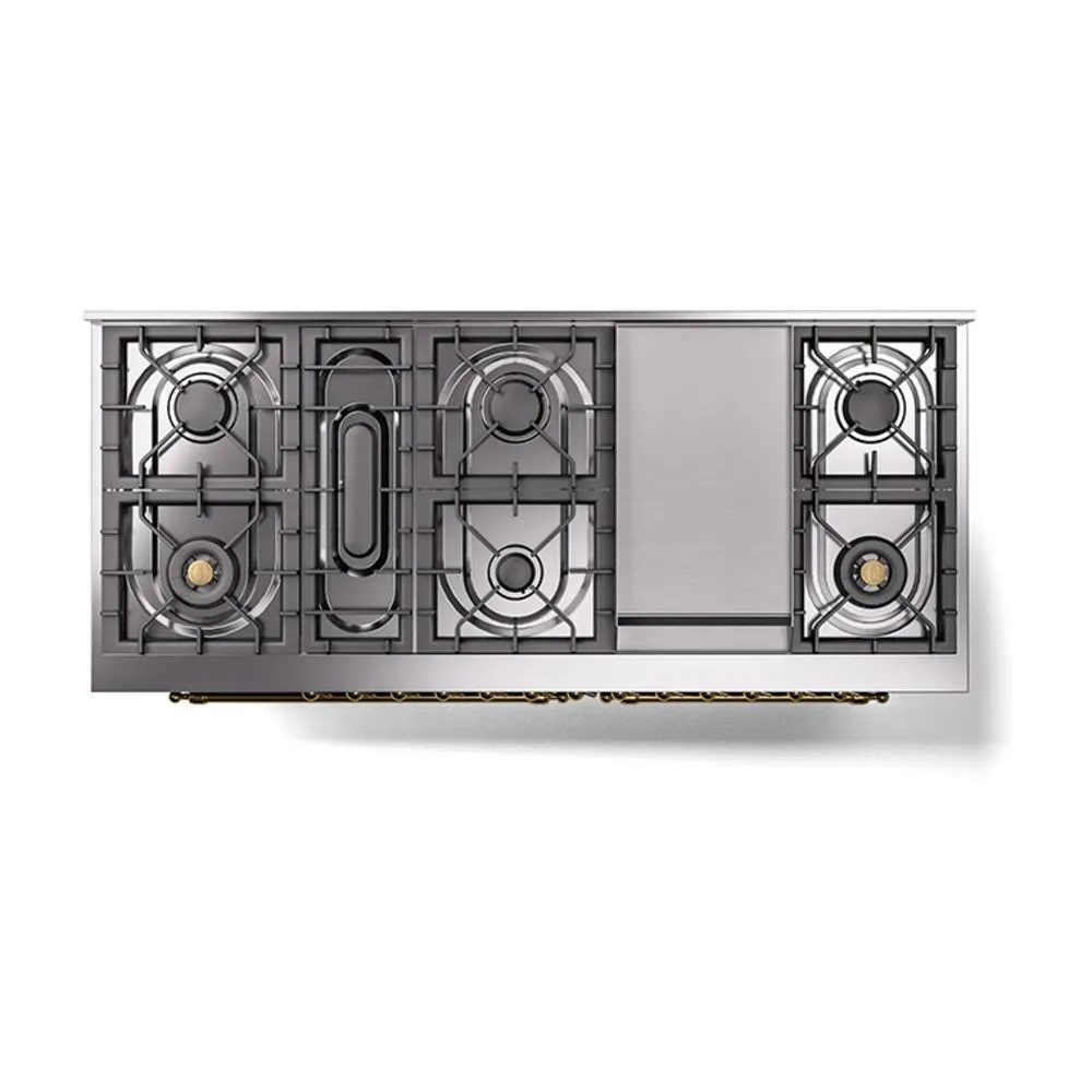 Ilve UN60FQNMPBUG Ilve Un60Fqnmpbug Nostalgie Ii Noblesse 60" Dual Fuel Range (9 Sealed Burners   Griddle, Natural Gas, Solid Door, Burgundy, Brass)