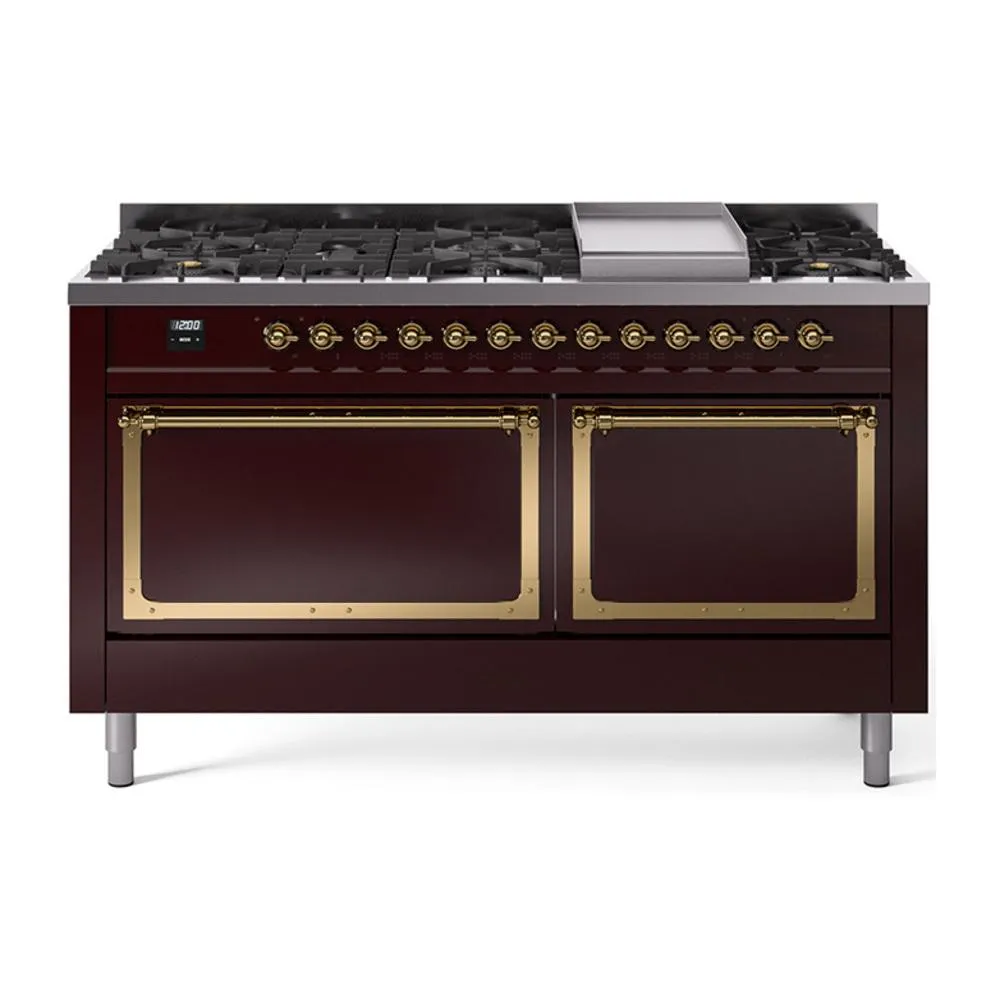 Ilve UN60FQNMPBUG Ilve Un60Fqnmpbug Nostalgie Ii Noblesse 60" Dual Fuel Range (9 Sealed Burners   Griddle, Natural Gas, Solid Door, Burgundy, Brass) Professional Ranges dual fuel professional range 36 inch