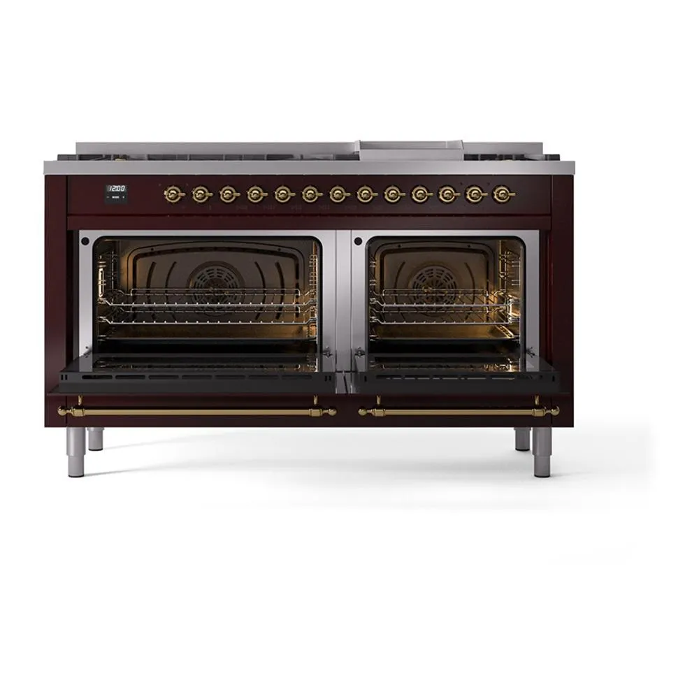 Ilve UN60FQNMPBUG Ilve Un60Fqnmpbug Nostalgie Ii Noblesse 60" Dual Fuel Range (9 Sealed Burners   Griddle, Natural Gas, Solid Door, Burgundy, Brass)