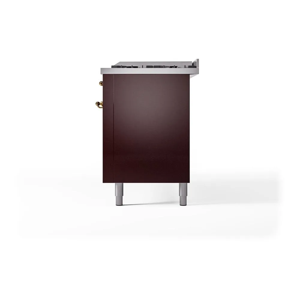 Ilve UN60FQNMPBUGLP Ilve Un60Fqnmpbuglp Nostalgie Ii Noblesse 60" Dual Fuel Range (9 Sealed Burners   Griddle, Liquid Propane, Solid Door, Burgundy, Brass)