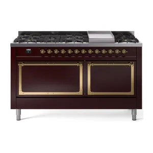 Ilve UN60FQNMPBUGLP Ilve Un60Fqnmpbuglp Nostalgie Ii Noblesse 60" Dual Fuel Range (9 Sealed Burners   Griddle, Liquid Propane, Solid Door, Burgundy, Brass) Professional Ranges dual fuel professional range 36 inch