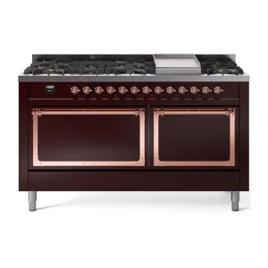 Ilve UN60FQNMPBUP Ilve Un60Fqnmpbup Nostalgie Ii Noblesse 60" Dual Fuel Range (9 Sealed Burners   Griddle, Natural Gas, Solid Door, Burgundy, Copper) Professional Ranges dual fuel professional range 36 inch