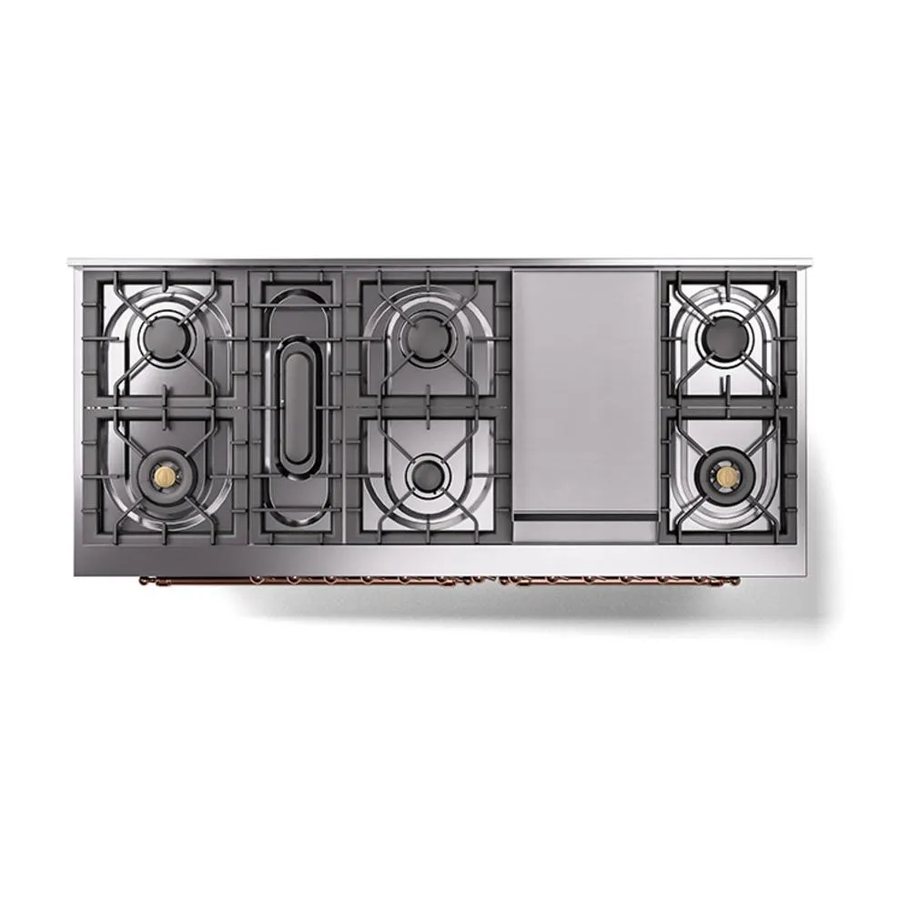 Ilve UN60FQNMPBUPLP Ilve Un60Fqnmpbuplp Nostalgie Ii Noblesse 60" Dual Fuel Range (9 Sealed Burners   Griddle, Liquid Propane, Solid Door, Burgundy, Copper)