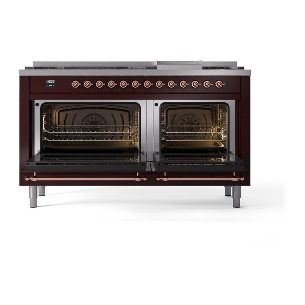 Ilve UN60FQNMPBUPLP Ilve Un60Fqnmpbuplp Nostalgie Ii Noblesse 60" Dual Fuel Range (9 Sealed Burners   Griddle, Liquid Propane, Solid Door, Burgundy, Copper)