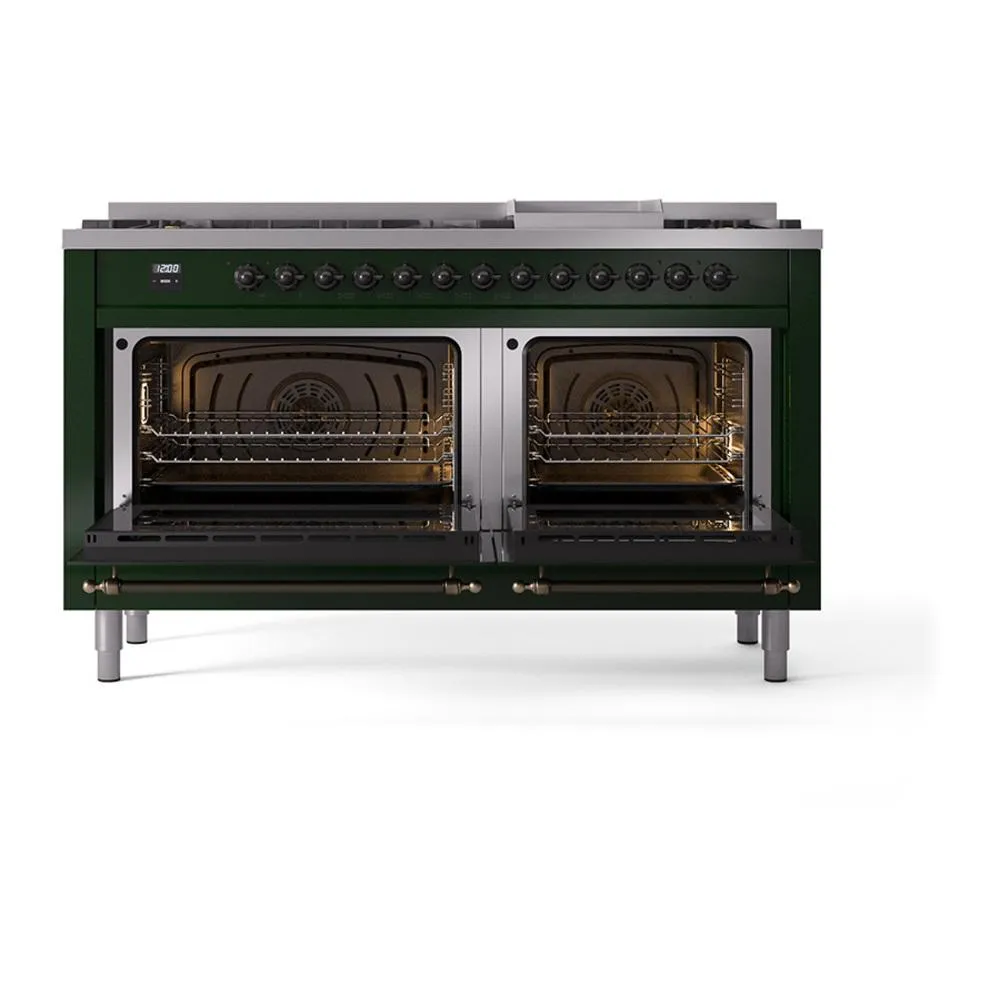 Ilve UN60FQNMPEGBLP Ilve Un60Fqnmpegblp Nostalgie Ii Noblesse 60" Dual Fuel Range (9 Sealed Burners   Griddle, Liquid Propane, Solid Door, Emerald Green, Burnished)