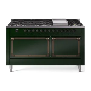 Ilve UN60FQNMPEGBLP Ilve Un60Fqnmpegblp Nostalgie Ii Noblesse 60" Dual Fuel Range (9 Sealed Burners   Griddle, Liquid Propane, Solid Door, Emerald Green, Burnished) Professional Ranges dual fuel professional range 36 inch