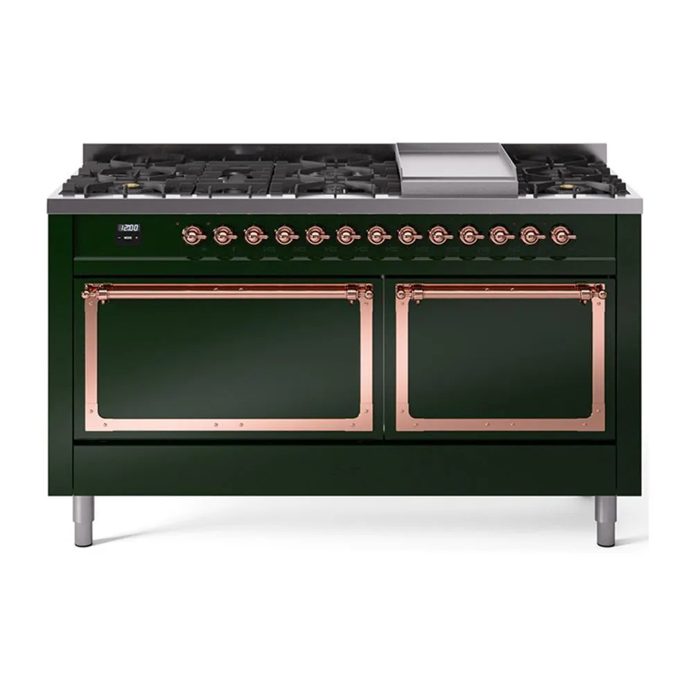 Ilve UN60FQNMPEGP Ilve Un60Fqnmpegp Nostalgie Ii Noblesse 60" Dual Fuel Range (9 Sealed Burners   Griddle, Natural Gas, Solid Door, Emerald Green, Copper) Professional Ranges dual fuel professional range 36 inch