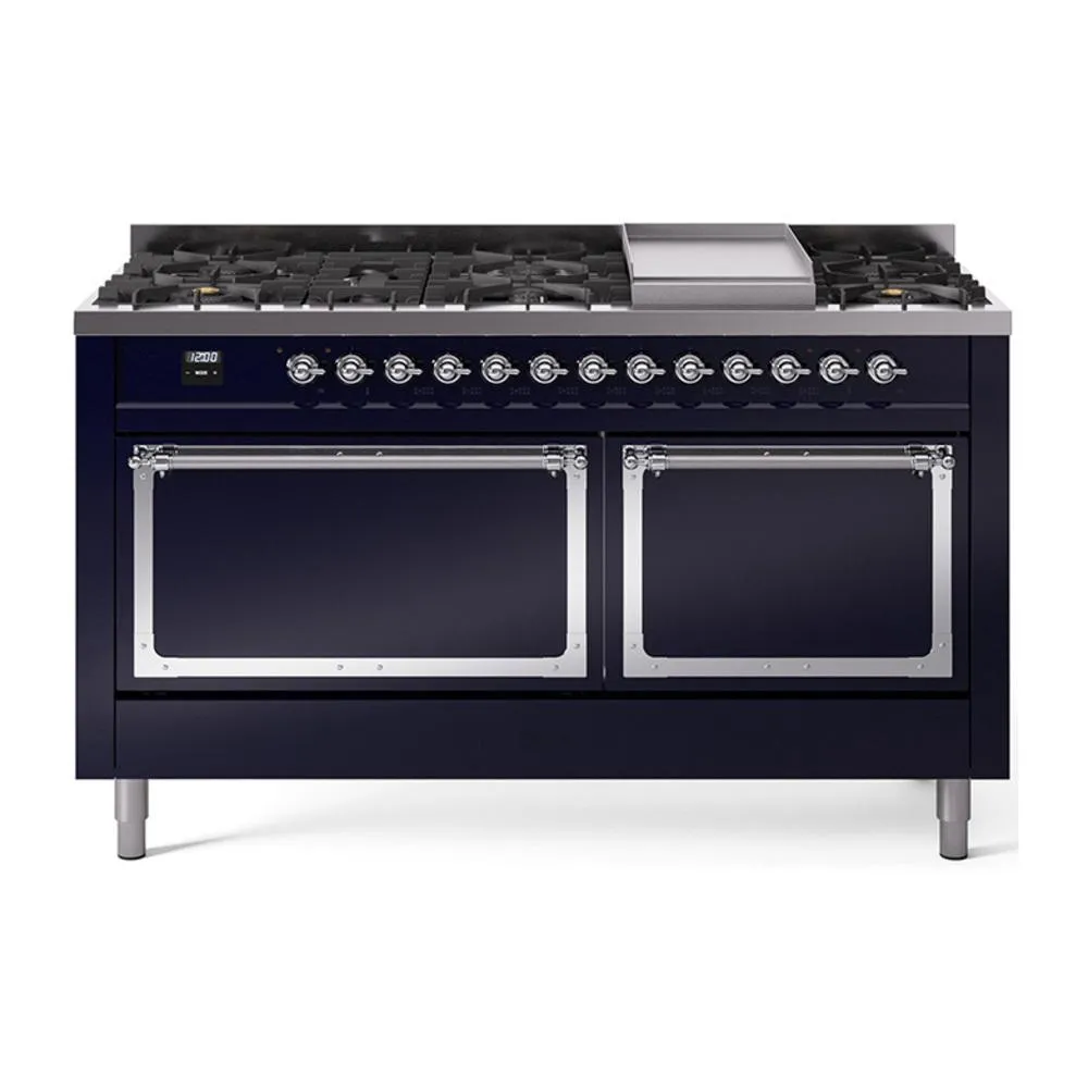 Ilve UN60FQNMPMBC Ilve Un60Fqnmpmbc Nostalgie Ii Noblesse 60" Dual Fuel Range (9 Sealed Burners   Griddle, Natural Gas, Solid Door, Midnight Blue, Chrome) Professional Ranges dual fuel professional range 36 inch