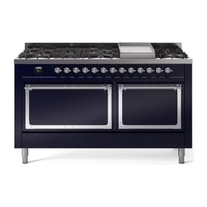 Ilve UN60FQNMPMBC Ilve Un60Fqnmpmbc Nostalgie Ii Noblesse 60" Dual Fuel Range (9 Sealed Burners   Griddle, Natural Gas, Solid Door, Midnight Blue, Chrome) Professional Ranges dual fuel professional range 36 inch