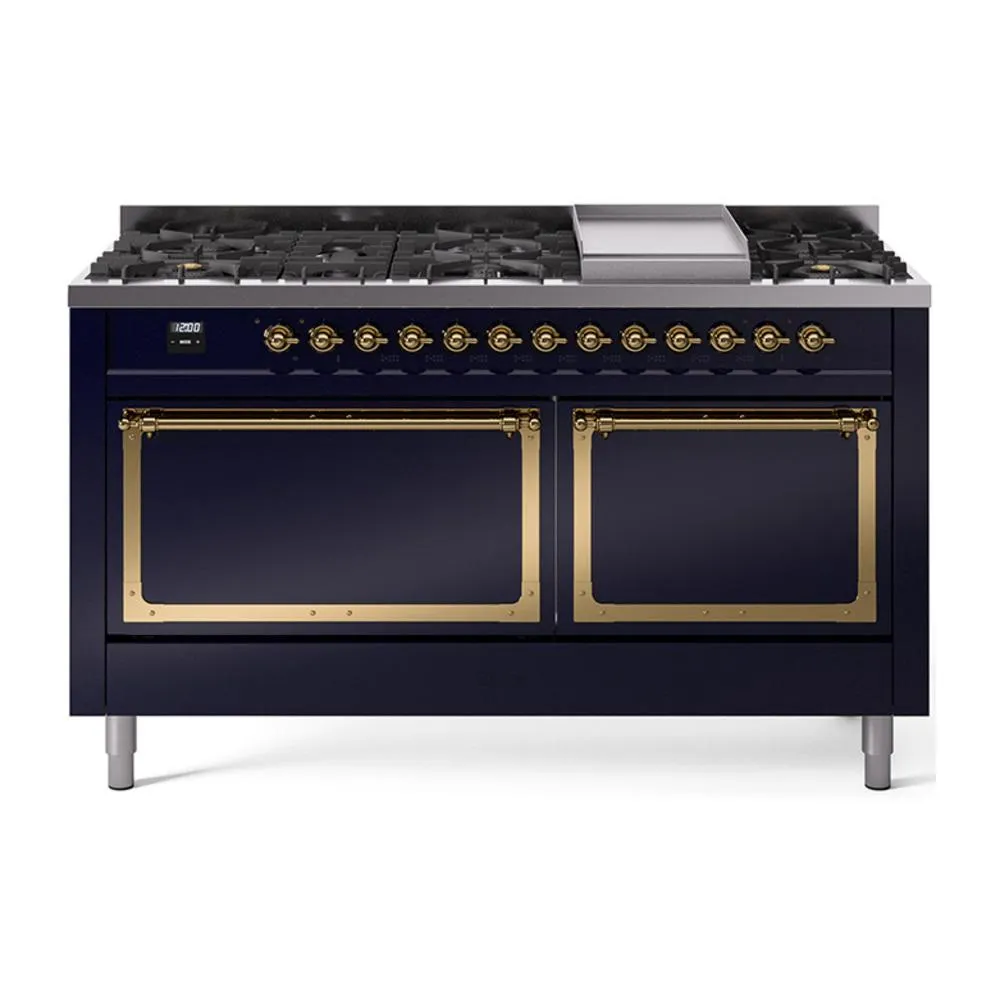Ilve UN60FQNMPMBG Ilve Un60Fqnmpmbg Nostalgie Ii Noblesse 60" Dual Fuel Range (9 Sealed Burners   Griddle, Natural Gas, Solid Door, Midnight Blue, Brass) Professional Ranges dual fuel professional range 36 inch