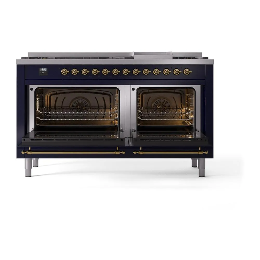 Ilve UN60FQNMPMBG Ilve Un60Fqnmpmbg Nostalgie Ii Noblesse 60" Dual Fuel Range (9 Sealed Burners   Griddle, Natural Gas, Solid Door, Midnight Blue, Brass)
