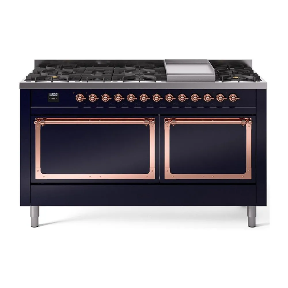 Ilve UN60FQNMPMBP Ilve Un60Fqnmpmbp Nostalgie Ii Noblesse 60" Dual Fuel Range (9 Sealed Burners   Griddle, Natural Gas, Solid Door, Midnight Blue, Copper) Professional Ranges dual fuel professional range 36 inch