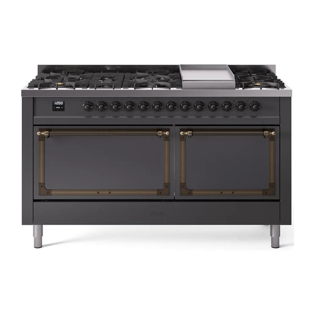 Ilve UN60FQNMPMGB Ilve Un60Fqnmpmgb Nostalgie Ii Noblesse 60" Dual Fuel Range (9 Sealed Burners   Griddle, Natural Gas, Solid Door, Graphite Matte, Burnished) Professional Ranges dual fuel professional range 36 inch