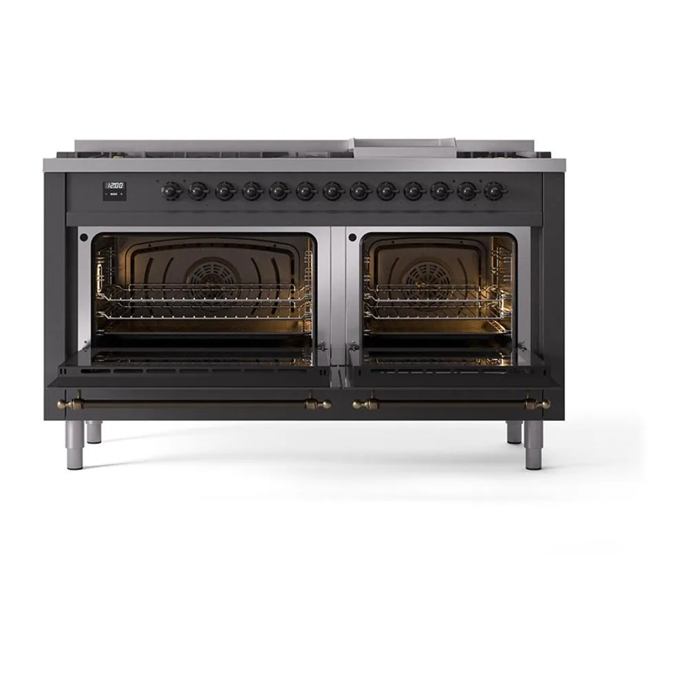 Ilve UN60FQNMPMGB Ilve Un60Fqnmpmgb Nostalgie Ii Noblesse 60" Dual Fuel Range (9 Sealed Burners   Griddle, Natural Gas, Solid Door, Graphite Matte, Burnished)