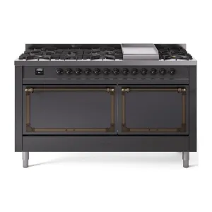 Ilve UN60FQNMPMGBLP Ilve Un60Fqnmpmgblp Nostalgie Ii Noblesse 60" Dual Fuel Range (9 Sealed Burners   Griddle, Liquid Propane, Solid Door, Graphite Matte, Burnished) Professional Ranges dual fuel professional range 36 inch