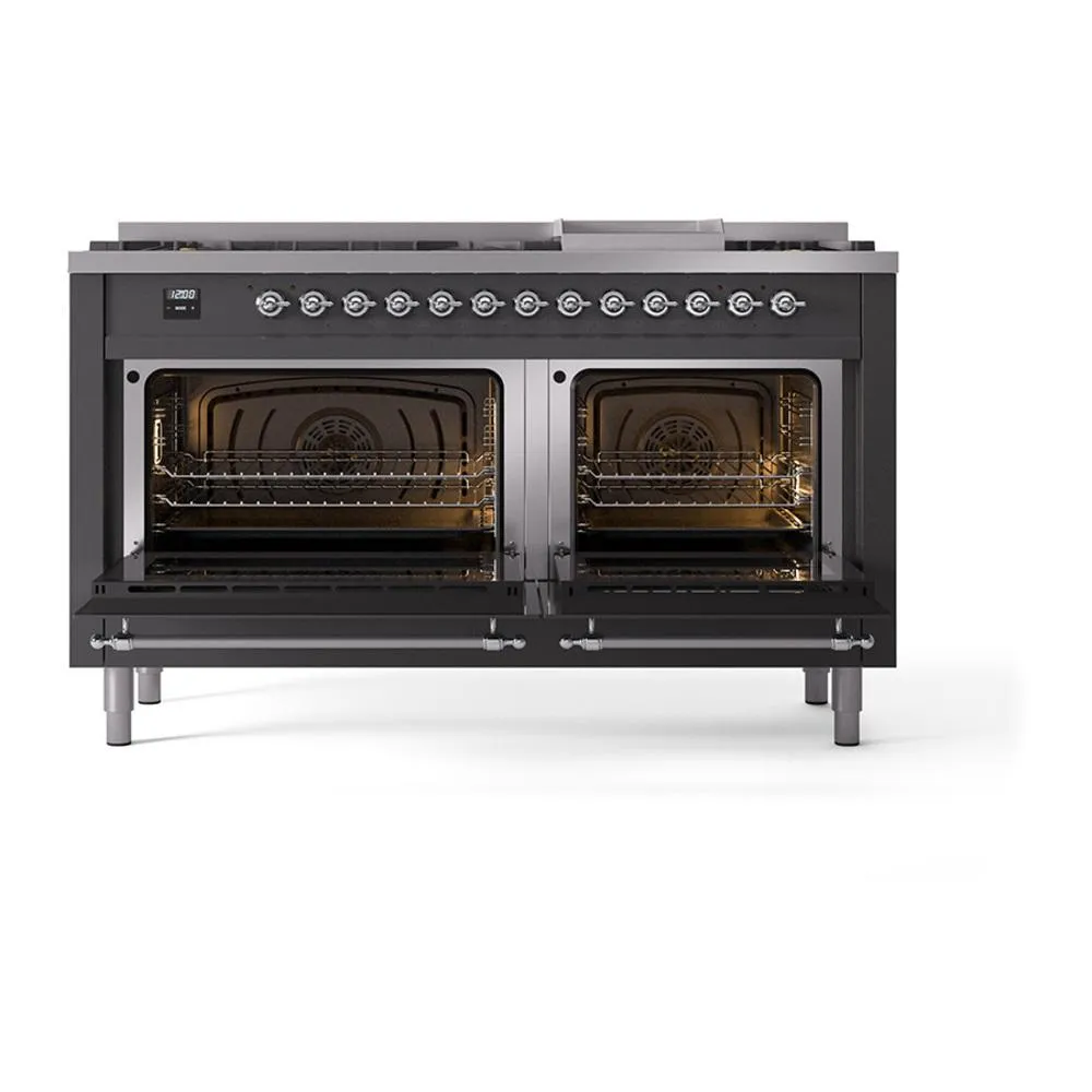 Ilve UN60FQNMPMGC Ilve Un60Fqnmpmgc Nostalgie Ii Noblesse 60" Dual Fuel Range (9 Sealed Burners   Griddle, Natural Gas, Solid Door, Graphite Matte, Chrome)