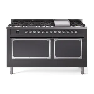 Ilve UN60FQNMPMGC Ilve Un60Fqnmpmgc Nostalgie Ii Noblesse 60" Dual Fuel Range (9 Sealed Burners   Griddle, Natural Gas, Solid Door, Graphite Matte, Chrome) Professional Ranges dual fuel professional range 36 inch