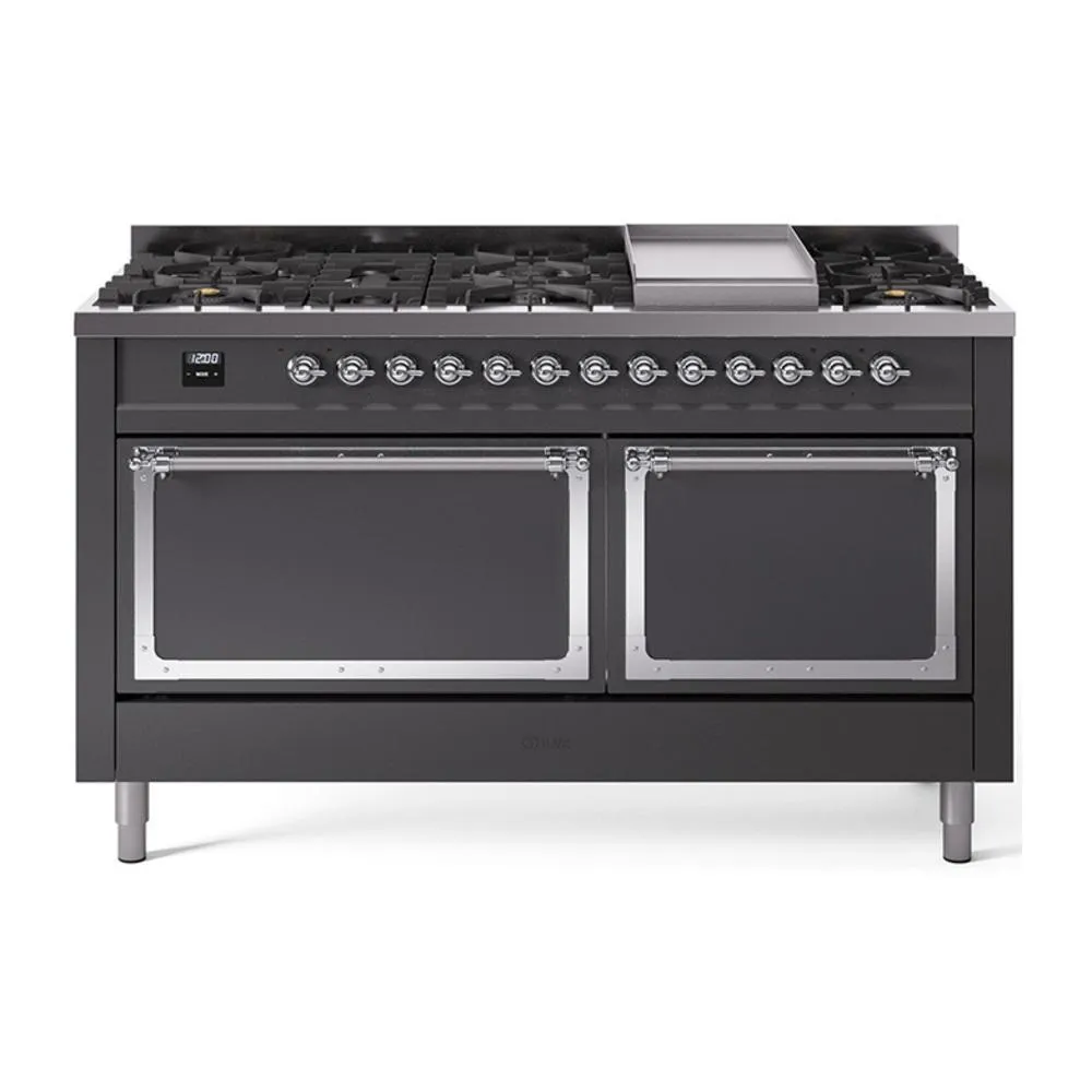 Ilve UN60FQNMPMGC Ilve Un60Fqnmpmgc Nostalgie Ii Noblesse 60" Dual Fuel Range (9 Sealed Burners   Griddle, Natural Gas, Solid Door, Graphite Matte, Chrome) Professional Ranges dual fuel professional range 36 inch