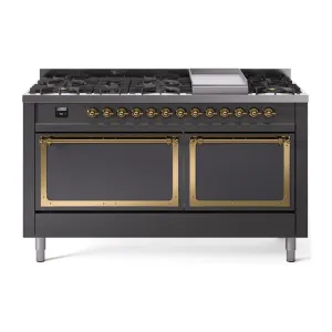 Ilve UN60FQNMPMGG Ilve Un60Fqnmpmgg Nostalgie Ii Noblesse 60" Dual Fuel Range (9 Sealed Burners   Griddle, Natural Gas, Solid Door, Graphite Matte, Brass) Professional Ranges dual fuel professional range 36 inch