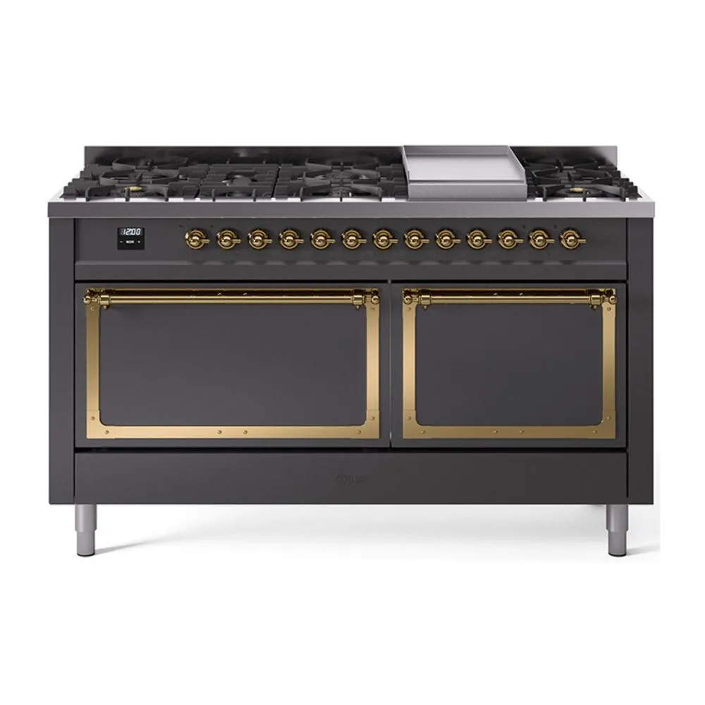 Ilve UN60FQNMPMGG Ilve Un60Fqnmpmgg Nostalgie Ii Noblesse 60" Dual Fuel Range (9 Sealed Burners   Griddle, Natural Gas, Solid Door, Graphite Matte, Brass) Professional Ranges dual fuel professional range 36 inch