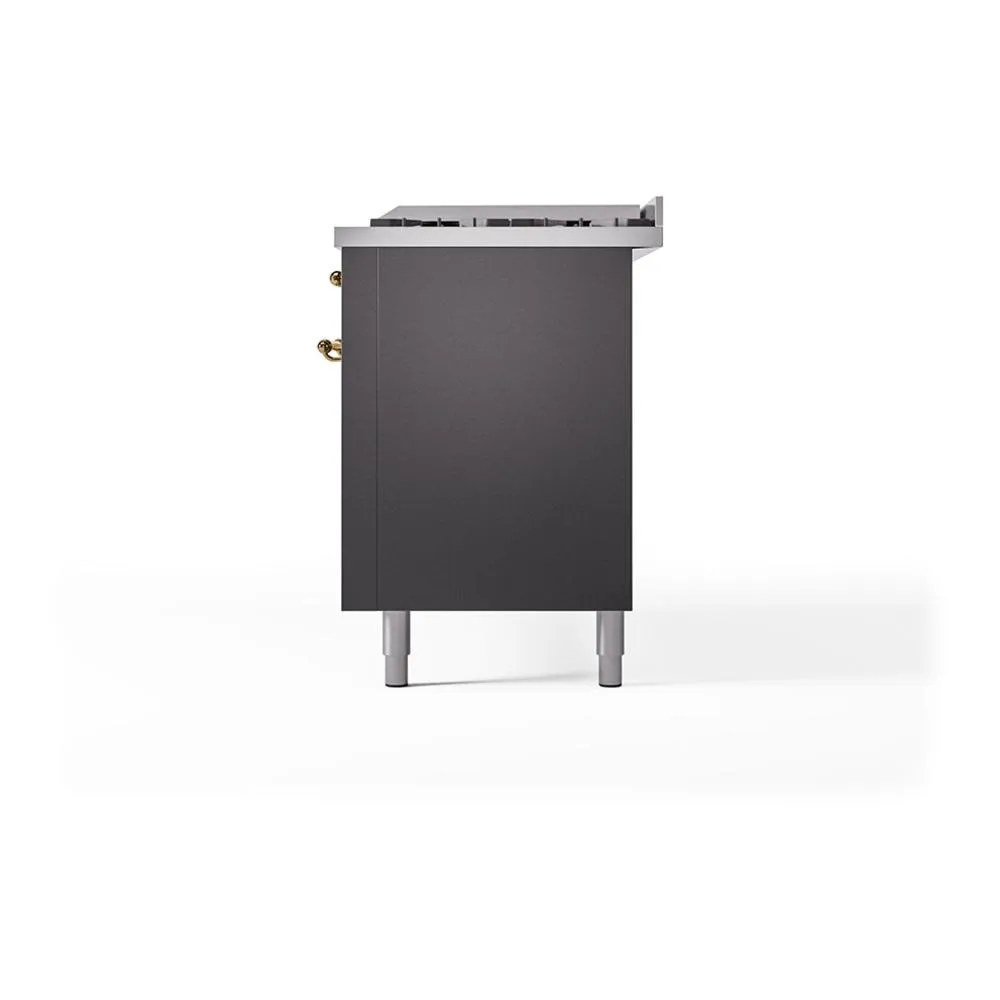 Ilve UN60FQNMPMGGLP Ilve Un60Fqnmpmgglp Nostalgie Ii Noblesse 60" Dual Fuel Range (9 Sealed Burners   Griddle, Liquid Propane, Solid Door, Graphite Matte, Brass)