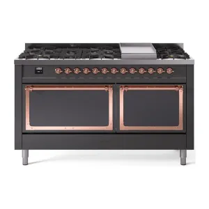 Ilve UN60FQNMPMGP Ilve Un60Fqnmpmgp Nostalgie Ii Noblesse 60" Dual Fuel Range (9 Sealed Burners   Griddle, Natural Gas, Solid Door, Graphite Matte, Copper) Professional Ranges dual fuel professional range 36 inch