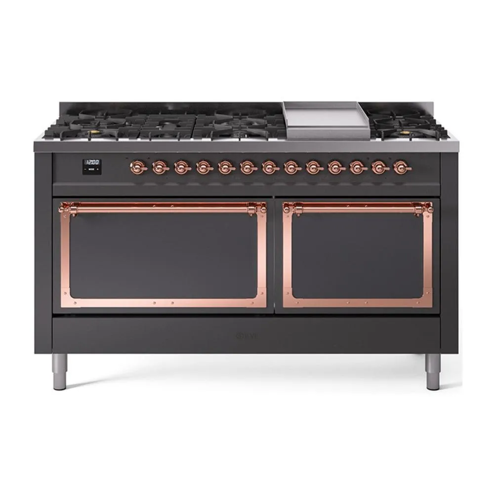 Ilve UN60FQNMPMGP Ilve Un60Fqnmpmgp Nostalgie Ii Noblesse 60" Dual Fuel Range (9 Sealed Burners   Griddle, Natural Gas, Solid Door, Graphite Matte, Copper) Professional Ranges dual fuel professional range 36 inch