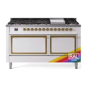 Ilve UN60FQNMPRAGLP Ilve Un60Fqnmpraglp Nostalgie Ii Noblesse 60" Dual Fuel Range (9 Sealed Burners   Griddle, Liquid Propane, Solid Door, Ral, Brass) Professional Ranges dual fuel professional range 36 inch
