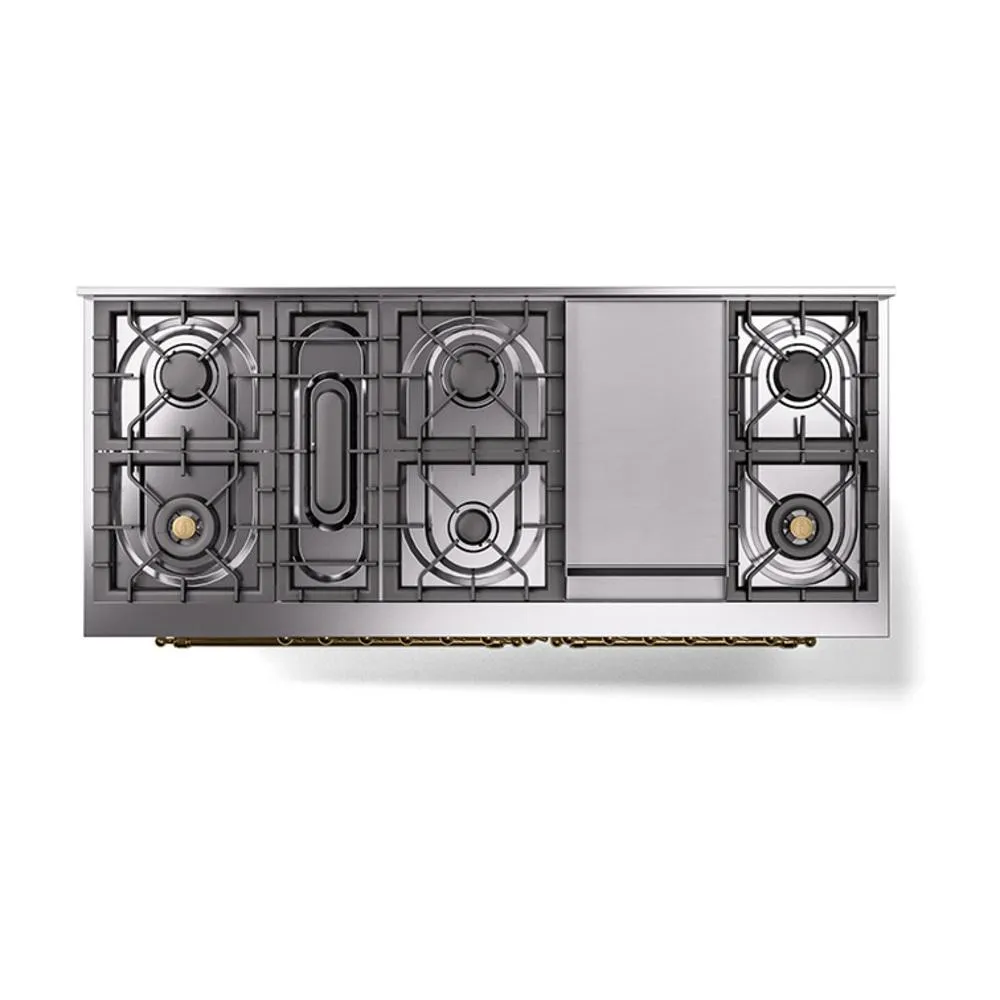 Ilve UN60FQNMPRAGLP Ilve Un60Fqnmpraglp Nostalgie Ii Noblesse 60" Dual Fuel Range (9 Sealed Burners   Griddle, Liquid Propane, Solid Door, Ral, Brass)