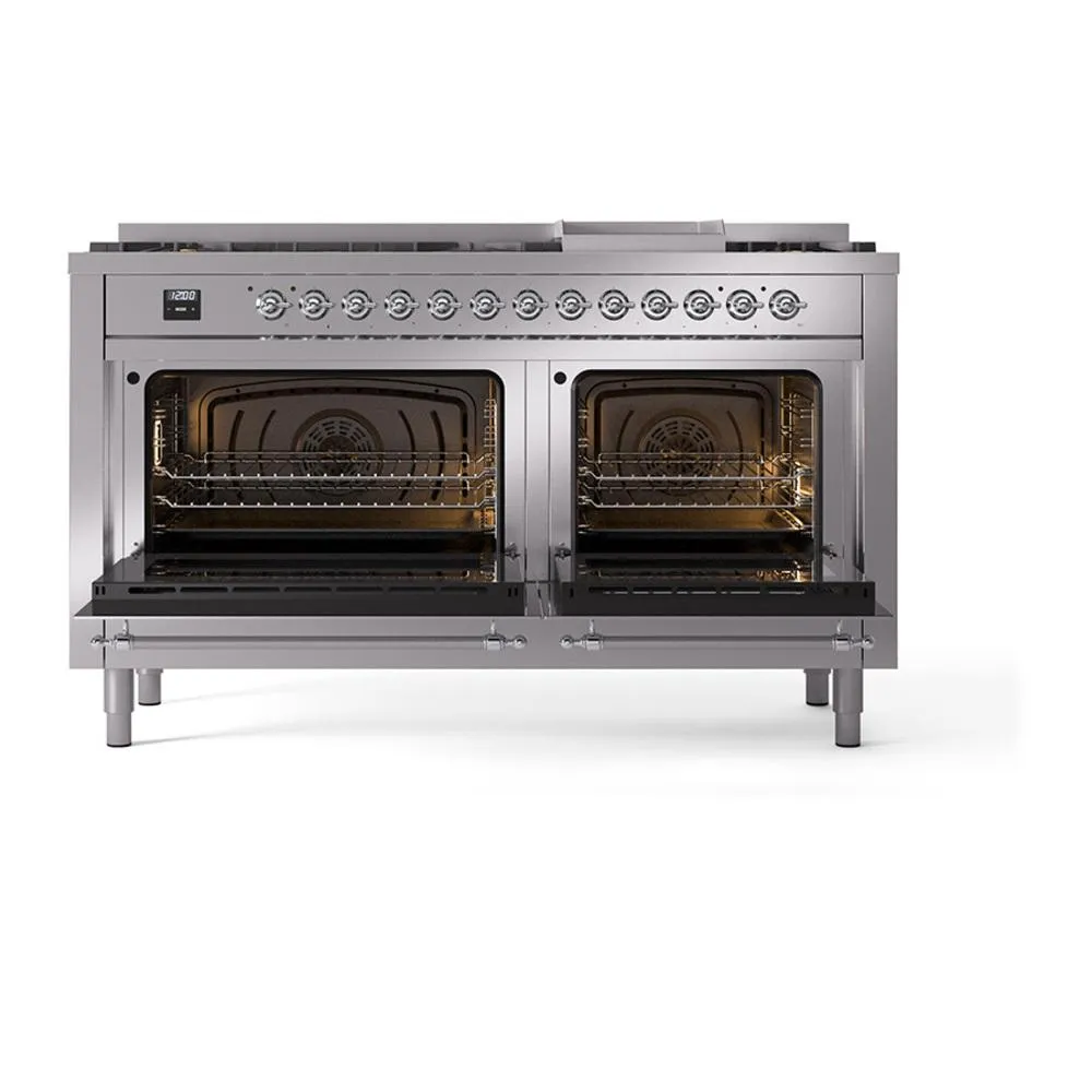 Ilve UN60FQNMPSSC Ilve Un60Fqnmpssc Nostalgie Ii Noblesse 60" Dual Fuel Range (9 Sealed Burners   Griddle, Natural Gas, Solid Door, Stainless Steel, Chrome)
