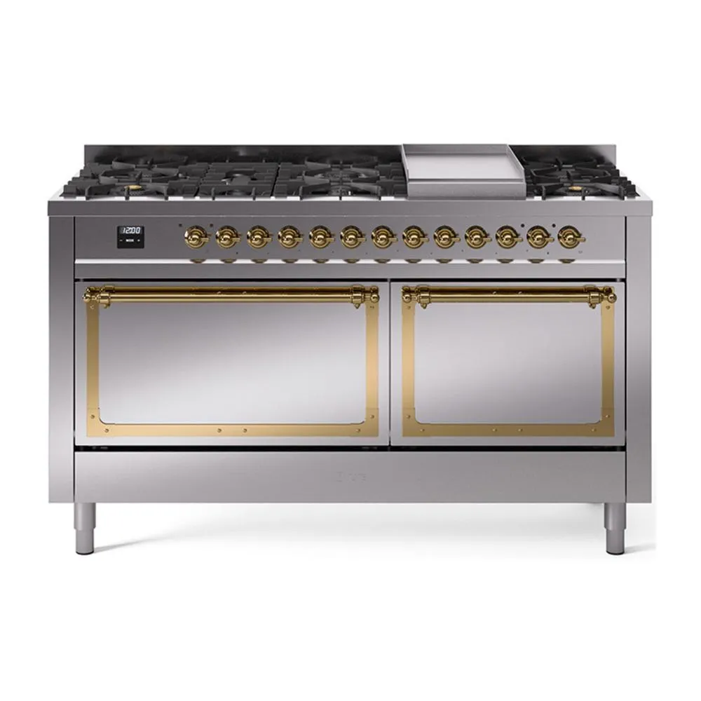Ilve UN60FQNMPSSG Ilve Un60Fqnmpssg Nostalgie Ii Noblesse 60" Dual Fuel Range (9 Sealed Burners   Griddle, Natural Gas, Solid Door, Stainless Steel, Brass) Professional Ranges dual fuel professional range 36 inch