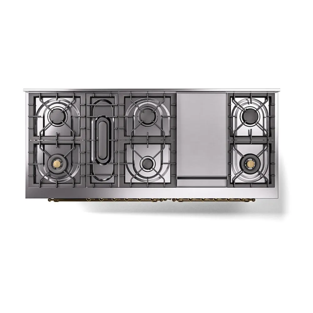 Ilve UN60FQNMPSSG Ilve Un60Fqnmpssg Nostalgie Ii Noblesse 60" Dual Fuel Range (9 Sealed Burners   Griddle, Natural Gas, Solid Door, Stainless Steel, Brass)