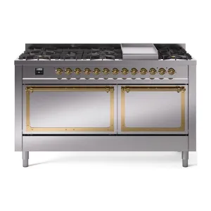 Ilve UN60FQNMPSSG Ilve Un60Fqnmpssg Nostalgie Ii Noblesse 60" Dual Fuel Range (9 Sealed Burners   Griddle, Natural Gas, Solid Door, Stainless Steel, Brass) Professional Ranges dual fuel professional range 36 inch
