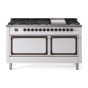 Ilve UN60FQNMPWHB Ilve Un60Fqnmpwhb Nostalgie Ii Noblesse 60" Dual Fuel Range (9 Sealed Burners   Griddle, Natural Gas, Solid Door, White, Burnished) Professional Ranges dual fuel professional range 36 inch
