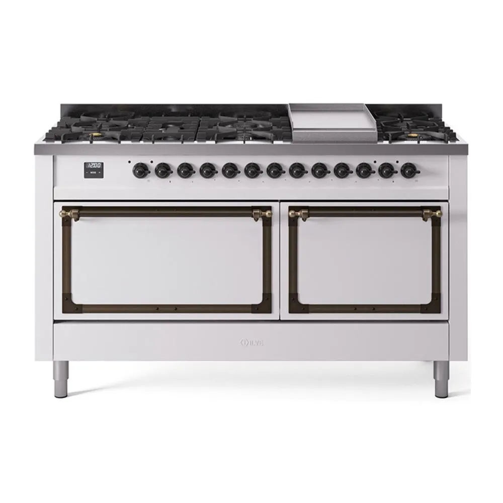 Ilve UN60FQNMPWHB Ilve Un60Fqnmpwhb Nostalgie Ii Noblesse 60" Dual Fuel Range (9 Sealed Burners   Griddle, Natural Gas, Solid Door, White, Burnished) Professional Ranges dual fuel professional range 36 inch