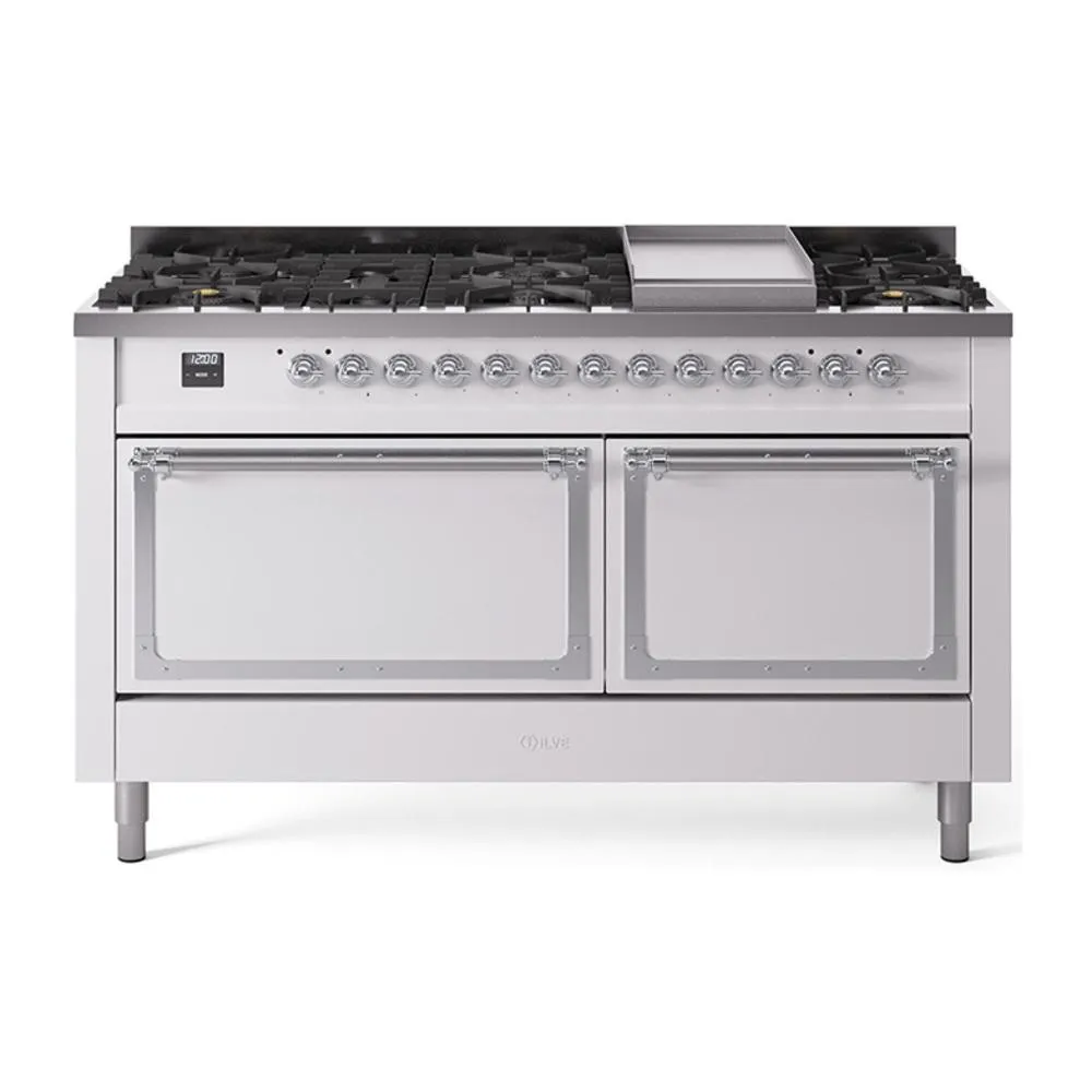 Ilve UN60FQNMPWHC Ilve Un60Fqnmpwhc Nostalgie Ii Noblesse 60" Dual Fuel Range (9 Sealed Burners   Griddle, Natural Gas, Solid Door, White, Chrome) Professional Ranges dual fuel professional range 36 inch