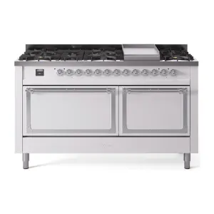 Ilve UN60FQNMPWHC Ilve Un60Fqnmpwhc Nostalgie Ii Noblesse 60" Dual Fuel Range (9 Sealed Burners   Griddle, Natural Gas, Solid Door, White, Chrome) Professional Ranges dual fuel professional range 36 inch