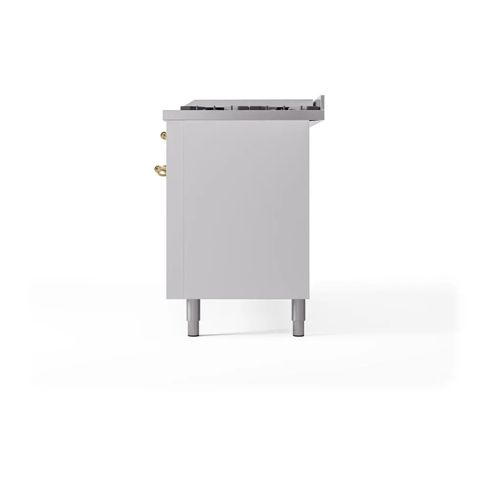 Ilve UN60FQNMPWHG Ilve Un60Fqnmpwhg Nostalgie Ii Noblesse 60" Dual Fuel Range (9 Sealed Burners   Griddle, Natural Gas, Solid Door, White, Brass)