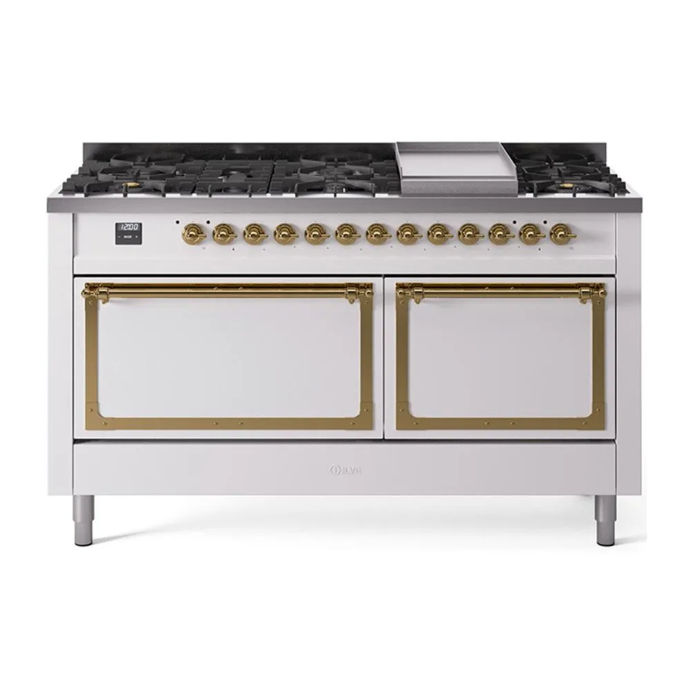 Ilve UN60FQNMPWHG Ilve Un60Fqnmpwhg Nostalgie Ii Noblesse 60" Dual Fuel Range (9 Sealed Burners   Griddle, Natural Gas, Solid Door, White, Brass) Professional Ranges dual fuel professional range 36 inch