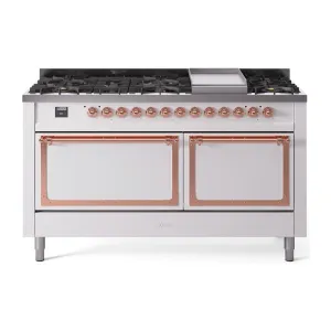 Ilve UN60FQNMPWHPLP Ilve Un60Fqnmpwhplp Nostalgie Ii Noblesse 60" Dual Fuel Range (9 Sealed Burners   Griddle, Liquid Propane, Solid Door, White, Copper) Professional Ranges dual fuel professional range 36 inch
