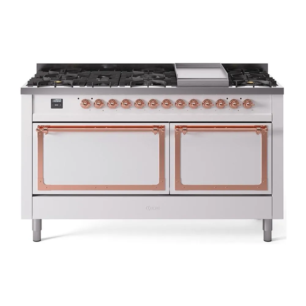 Ilve UN60FQNMPWHPLP Ilve Un60Fqnmpwhplp Nostalgie Ii Noblesse 60" Dual Fuel Range (9 Sealed Burners   Griddle, Liquid Propane, Solid Door, White, Copper) Professional Ranges dual fuel professional range 36 inch