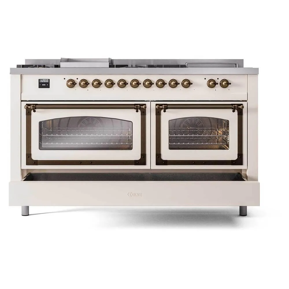 Ilve UN60FSNMPAWB Ilve Un60Fsnmpawb Nostalgie Ii Noblesse 60" Dual Fuel Range (7 Sealed Burners   Griddle   French Top, Natural Gas, Triple Glass Door, Antique White, Burnished)