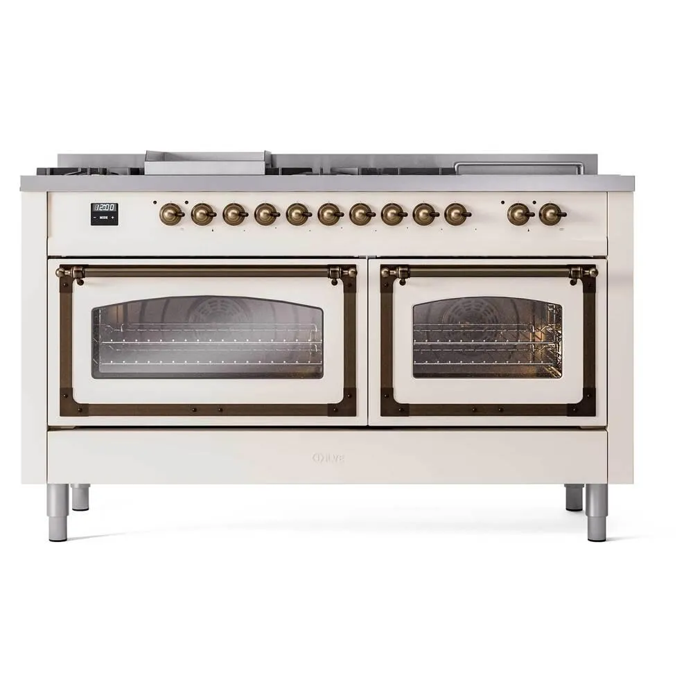 Ilve UN60FSNMPAWB Ilve Un60Fsnmpawb Nostalgie Ii Noblesse 60" Dual Fuel Range (7 Sealed Burners   Griddle   French Top, Natural Gas, Triple Glass Door, Antique White, Burnished)