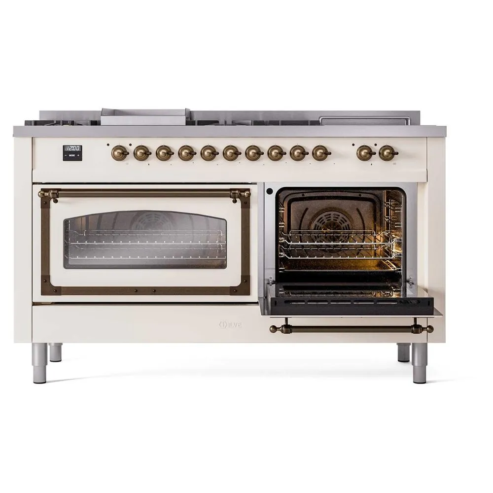 Ilve UN60FSNMPAWB Ilve Un60Fsnmpawb Nostalgie Ii Noblesse 60" Dual Fuel Range (7 Sealed Burners   Griddle   French Top, Natural Gas, Triple Glass Door, Antique White, Burnished)