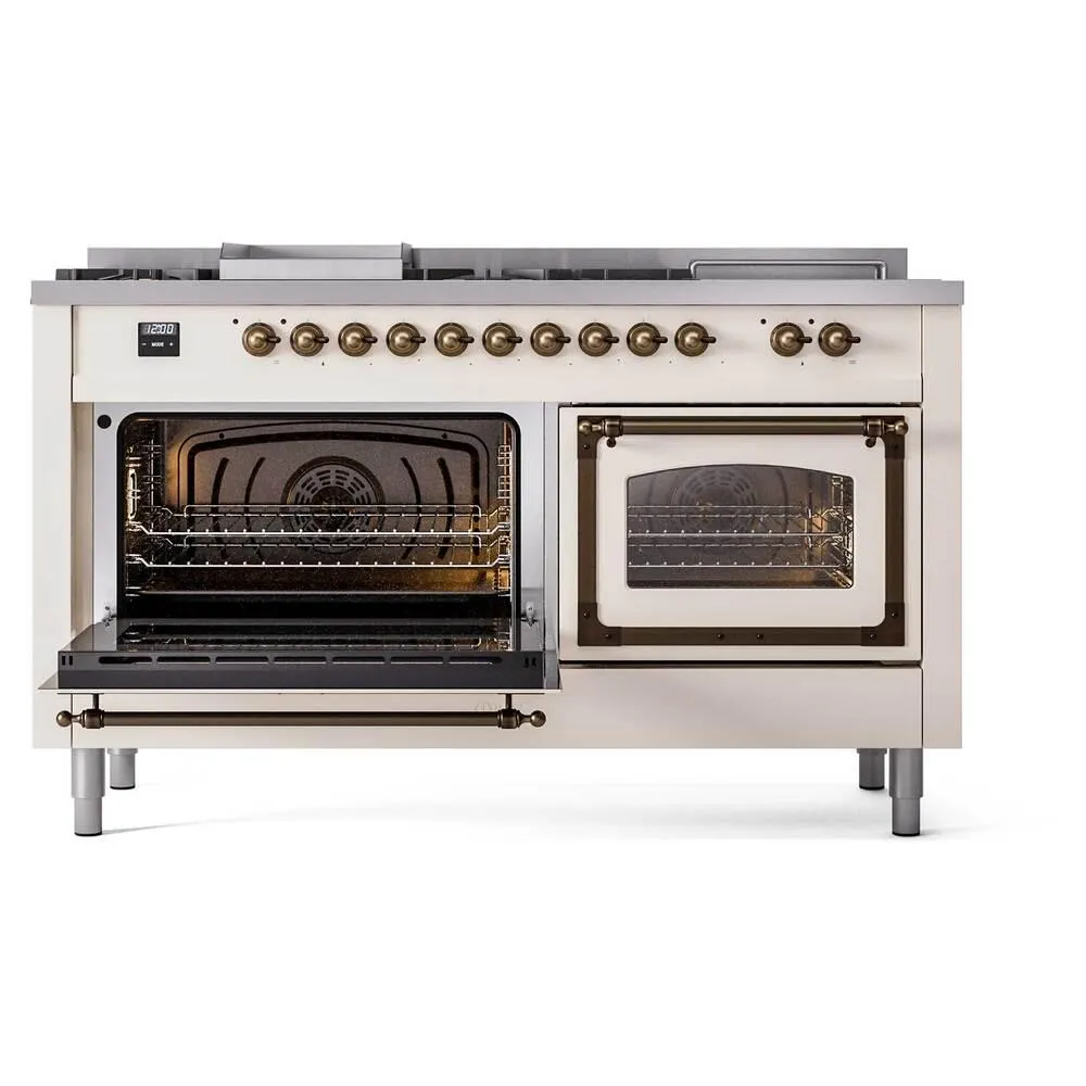 Ilve UN60FSNMPAWB Ilve Un60Fsnmpawb Nostalgie Ii Noblesse 60" Dual Fuel Range (7 Sealed Burners   Griddle   French Top, Natural Gas, Triple Glass Door, Antique White, Burnished)