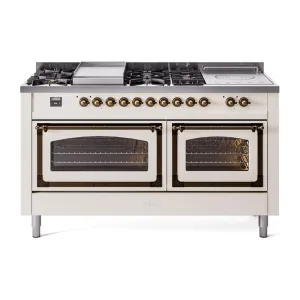 Ilve UN60FSNMPAWBLP Ilve Un60Fsnmpawblp Nostalgie Ii Noblesse 60" Dual Fuel Range (7 Sealed Burners   Griddle   French Top, Liquid Propane, Triple Glass Door, Antique White, Burnished) Professional Ranges dual fuel professional range 36 inch