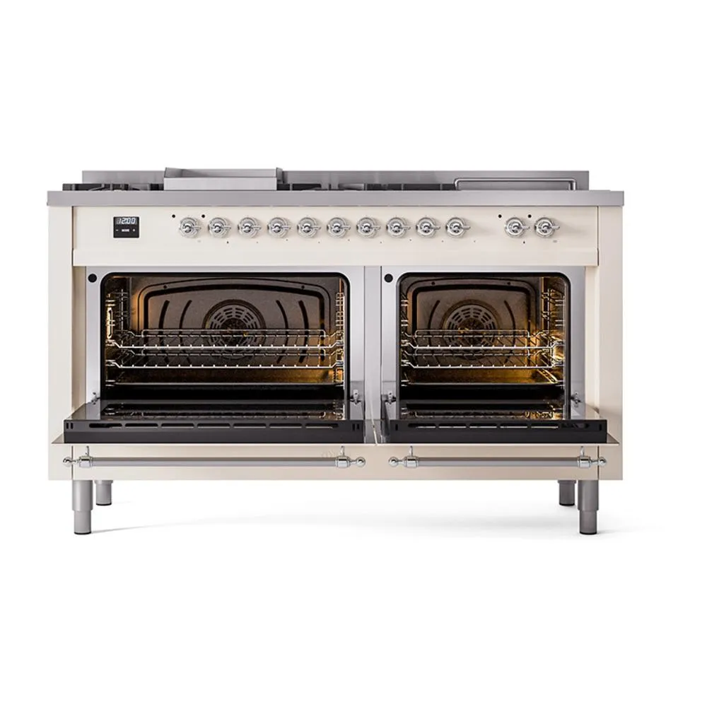 Ilve UN60FSNMPAWCLP Ilve Un60Fsnmpawclp Nostalgie Ii Noblesse 60" Dual Fuel Range (7 Sealed Burners   Griddle   French Top, Liquid Propane, Triple Glass Door, Antique White, Chrome)