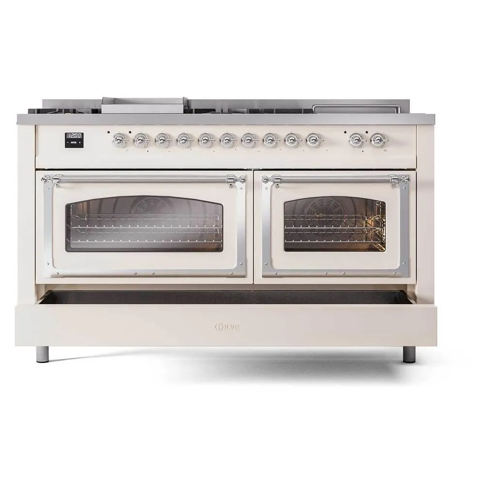Ilve UN60FSNMPAWCLP Ilve Un60Fsnmpawclp Nostalgie Ii Noblesse 60" Dual Fuel Range (7 Sealed Burners   Griddle   French Top, Liquid Propane, Triple Glass Door, Antique White, Chrome)